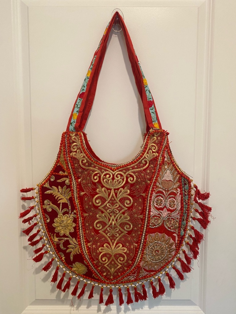 Red Embroidered Boho Shoulder Bag - Unbranded